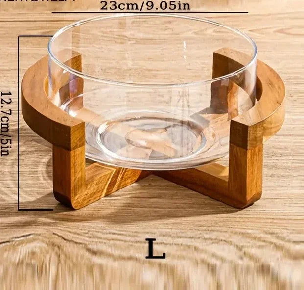 Elegant Glass Salad Bowl Set with Wooden Base.