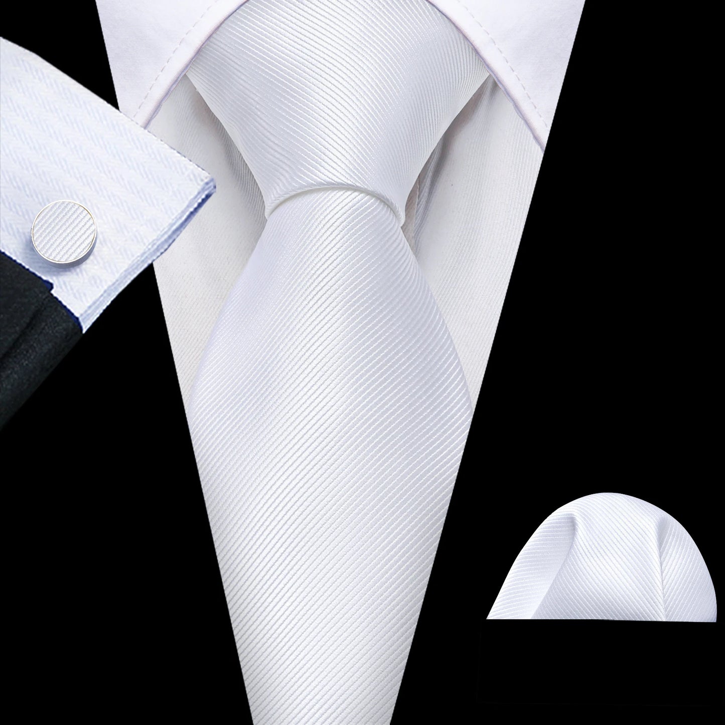 Black White Gray Silver Men Tie Handkerchief Cufflinks Set.