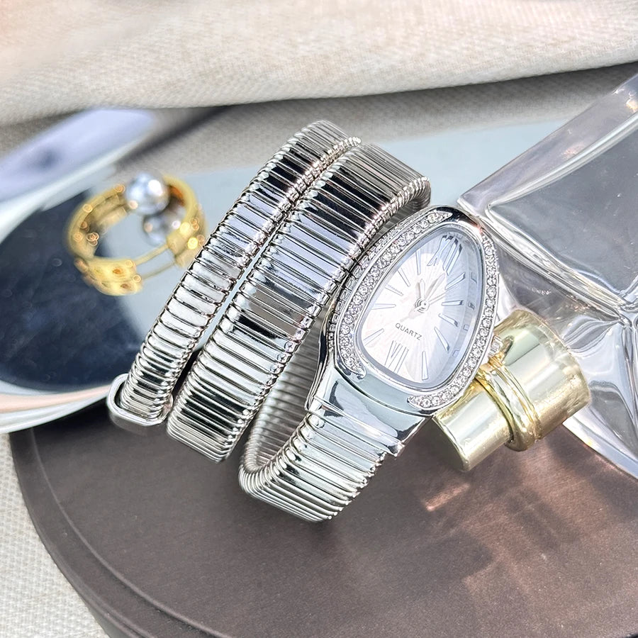Fashionable European And American, Snake-Shape Elastic Wrapping Quartz Ladies Watch.