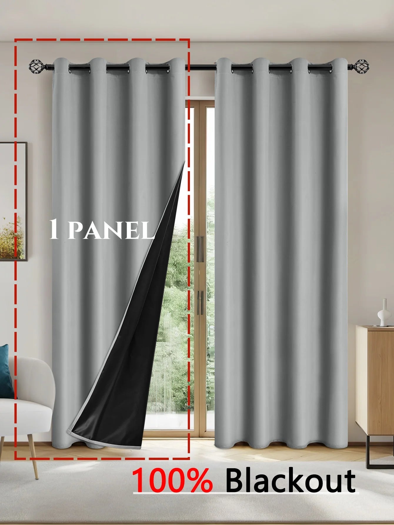 1panel Solid 100% Blackout Curtains with Grommets, Total Privacy Drapes for Bedroom, Living Room, Home Decor.