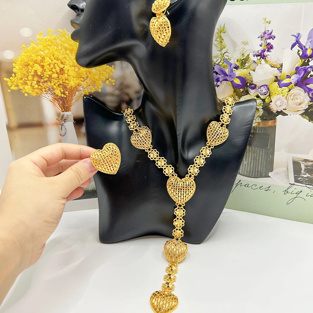 Fashion Necklace Earrings Ring Women Jewelry Gold Color Necklace Earring Ring Set