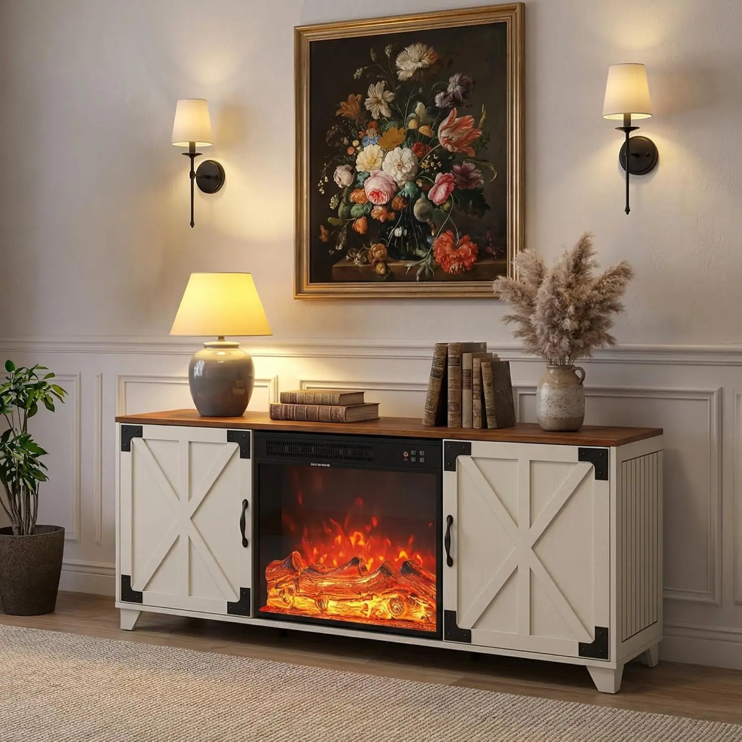 Fireplace TV Stand for Living Room, Farmhouse Entertainment Center with 23" Electric Fireplace for TVs UP to 65",, Customized.