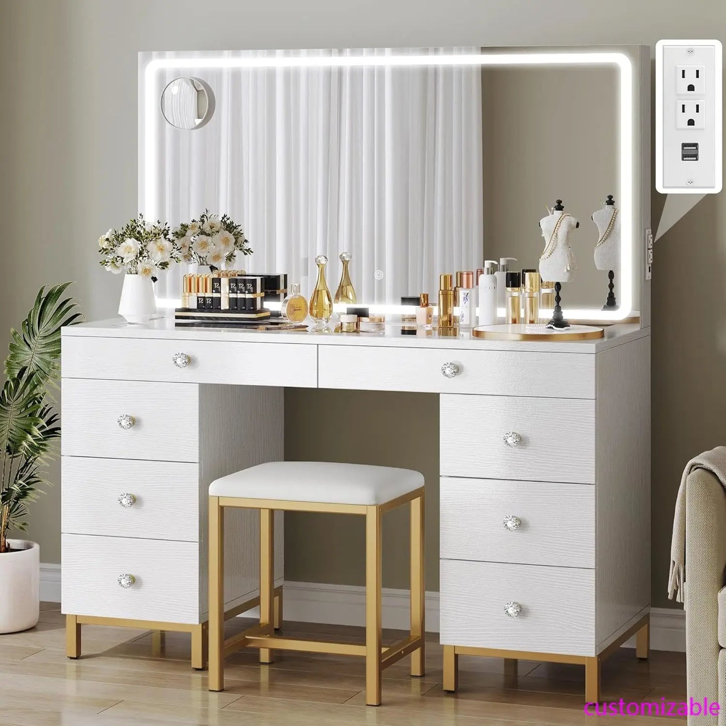 Vanity Desk with Mirror and Lights, Charging Station, Makeup Table with 8 Drawers, Dimmable Lighting