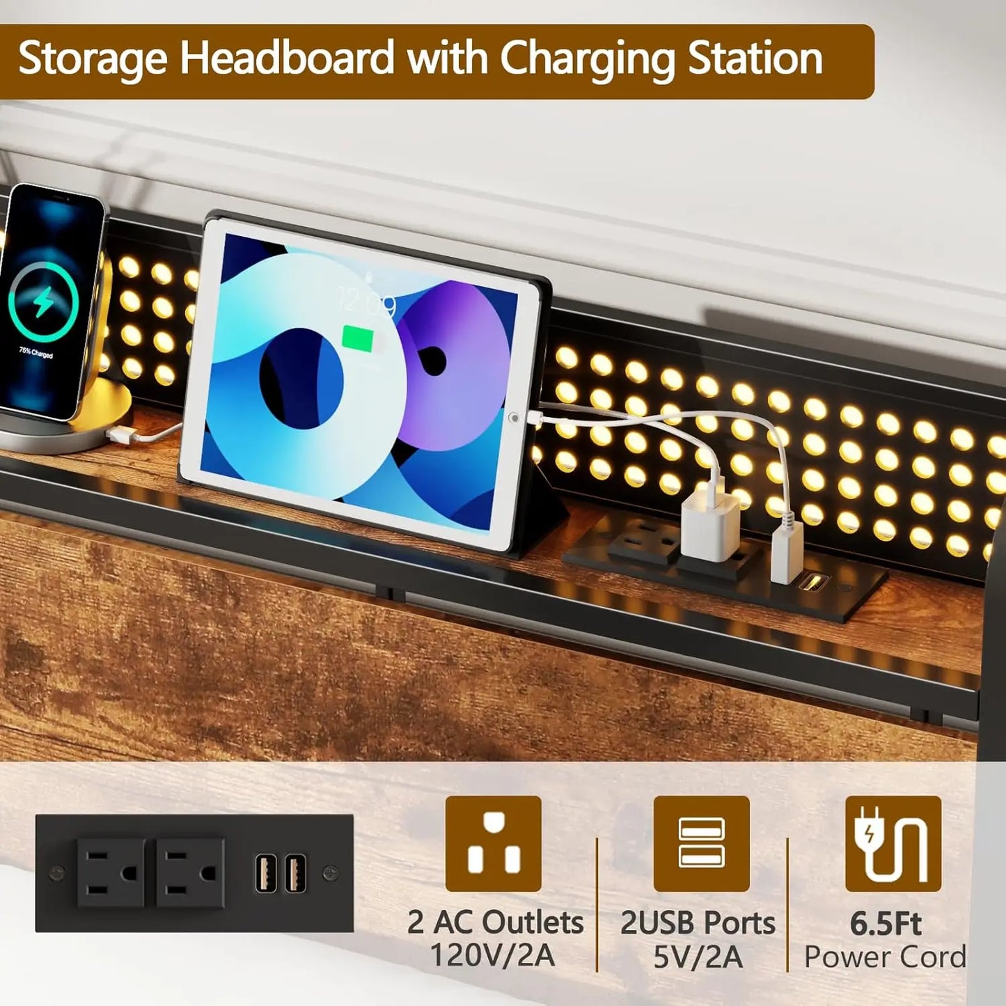 Queen Size Platform Bed Frame with Headboard, 2 Drawers, Charging Station & LED Lights, No Box Spring Needed.