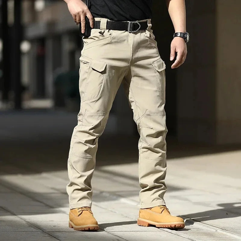 Men Waterproof Cargo Pants, Elastic Multiple Pocket Military Trousers.