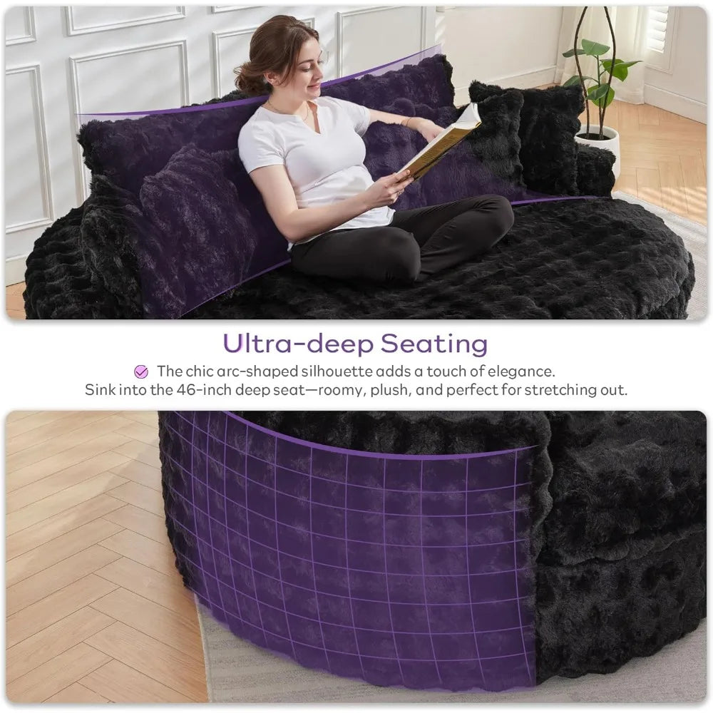 Oversized Round Chaise Lounge Chair Indoor, Deep Seat Memory Foam Couch, Plush Circle Bed for Livingroom (Black)