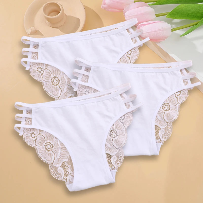 3PC/Set Women Sexy Floral Lace Panties, Low Rise Hollow Out Briefs, Transparent Female Elastic Straps Soft Lingerie.