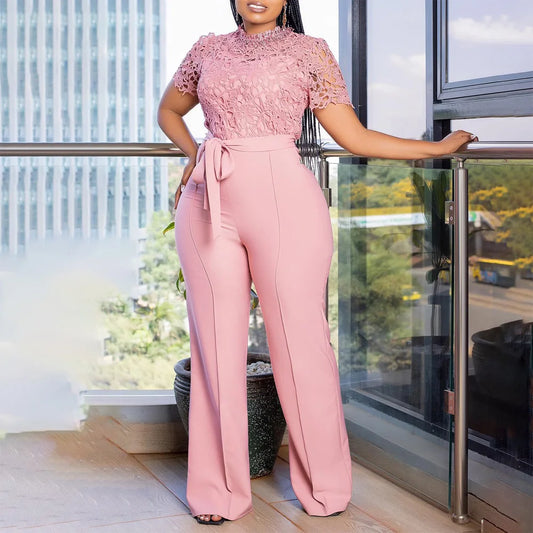 Elegant Jumpsuits & Rompers for Women, O Neck Lace Patchwork Short Sleeve Sashes High Waisted.