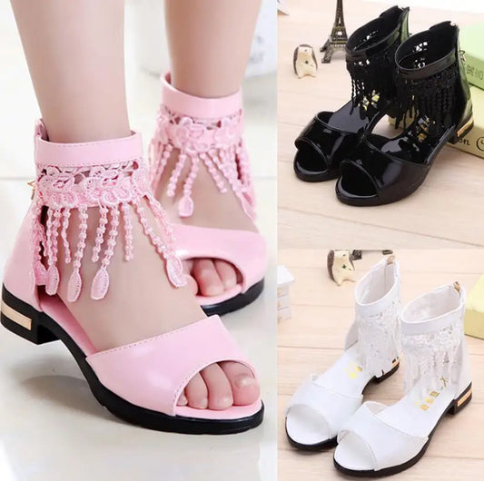 3 5 9 10 12 Year Kids Bow Sandals, Cute Princess Fashion High Heels Tassel School Shoes.