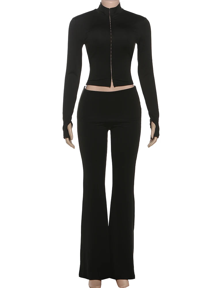 Sisterlinda Sporty Turtleneck, 2-Piece Set Women Casual Single-breasted crop tops+Elastic waist Flared pants suits.