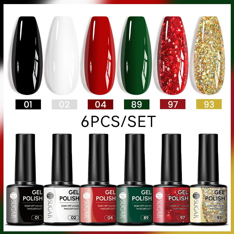 7ml All Season Gel Nail Polish Set, Nude Pink, Red Glitter, Semi Permanent UV Gel Kits.