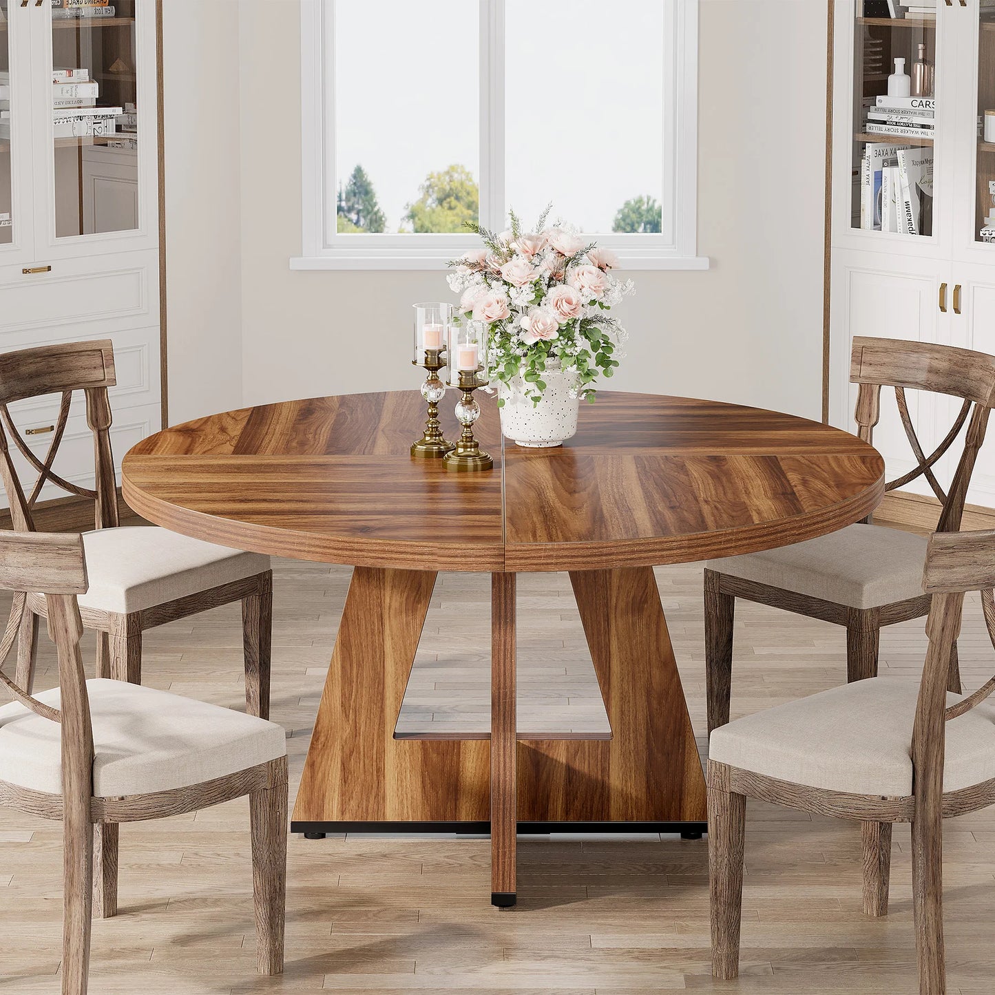 Round Dining Table for 4, 47 Inch Farmhouse Kitchen Table, for Dining Room.
