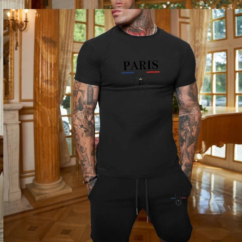 New Summer Men Fashion Short sleeved T-shirt and Shorts, 2-piece Set Sportswear  Casual Men Set.