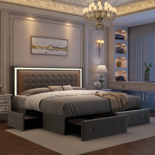 Queen LED Bed Frame, 4 Storage Drawers, Headboard, No Box Spring Needed