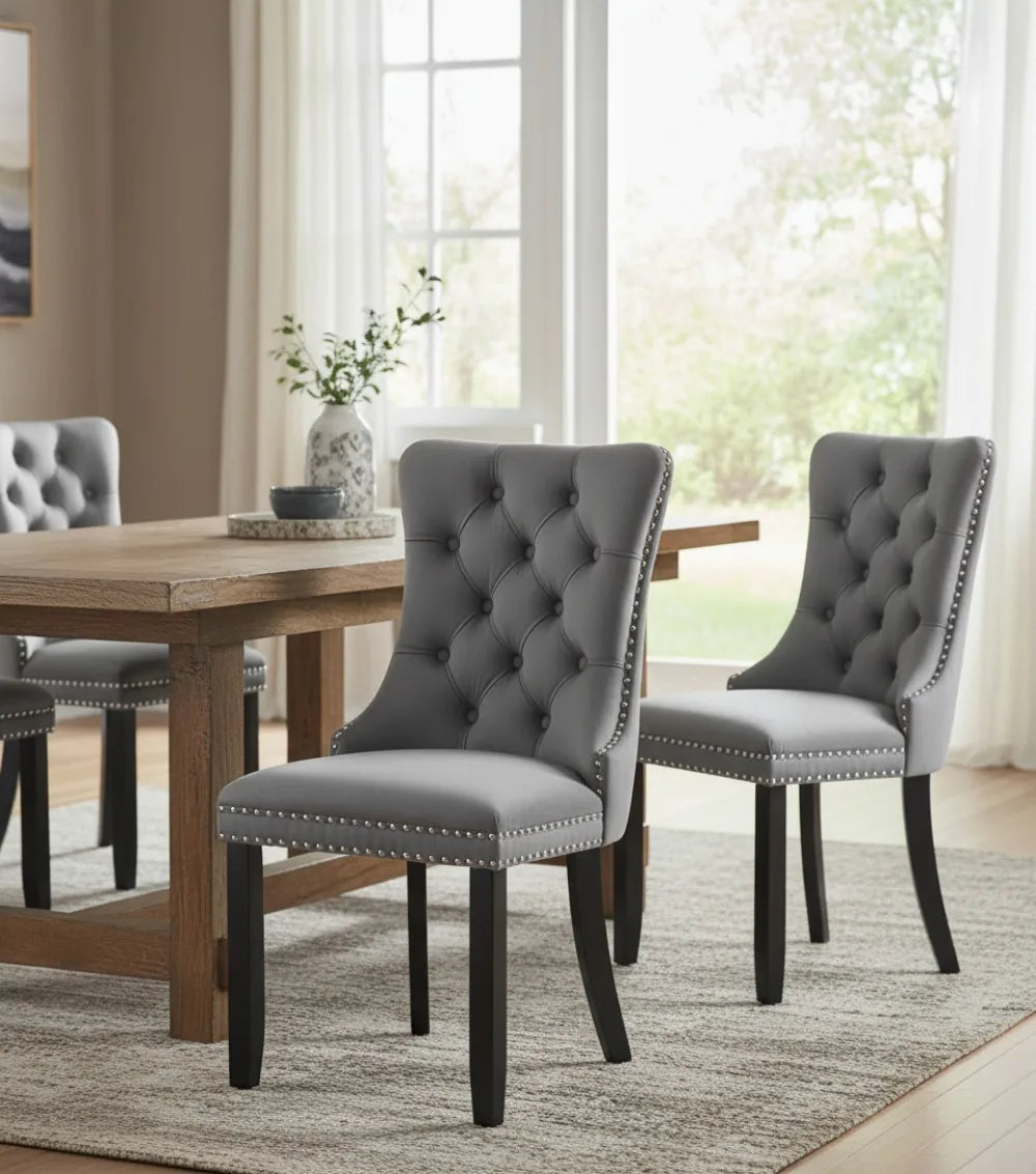 Velvet Dining Chairs Set of 4, Upholstered with Ring Pull Trim, for Kitchen & Living Room in Grey.