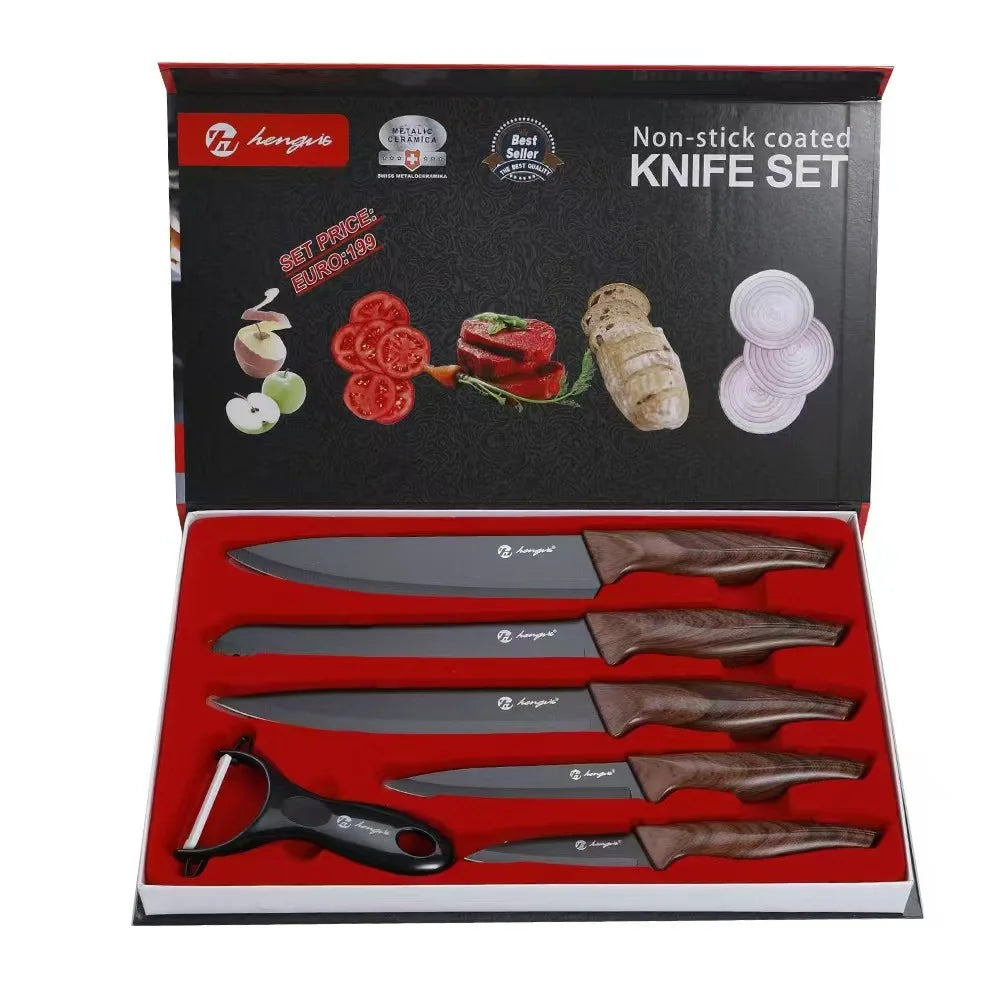 Kitchen knife set, stainless steel non-stick knife, black-edged marble, rose gold six-piece set, 2025 explosion.