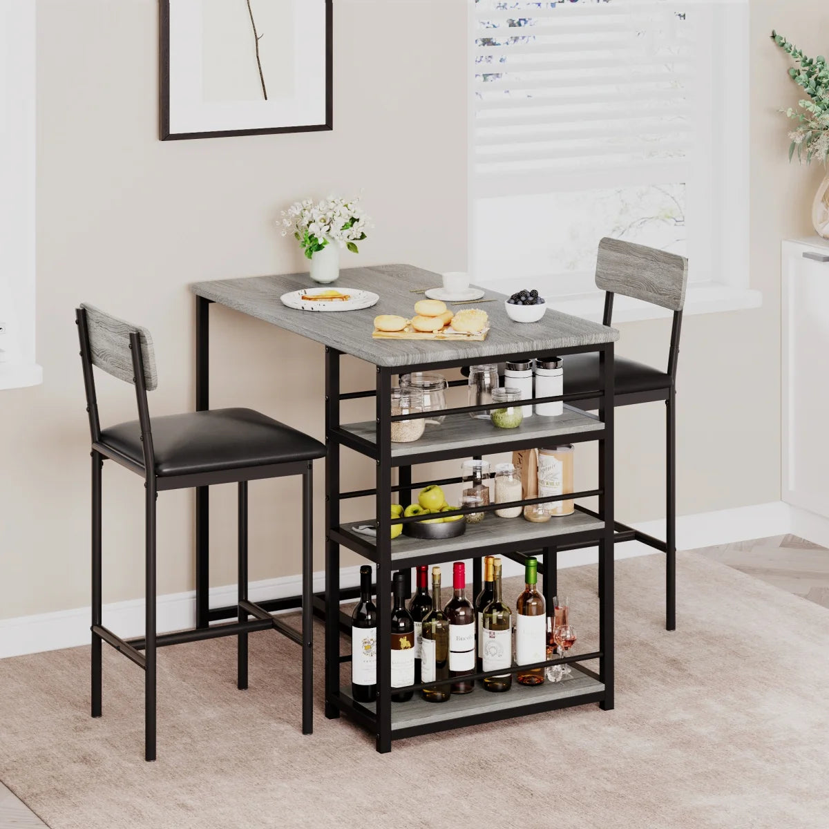 2-Person Dining Table Set, Bar Table with 2 Upholstered Chairs, & 3 Storage Shelves, Small Space Kitchen Table for Apartment.