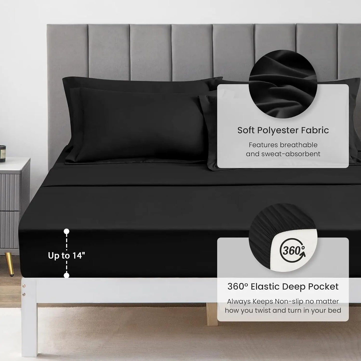 Queen Comforter Set Black, 7-Piece All Season Bedding with Comforter, Sheets, Pillowcases.