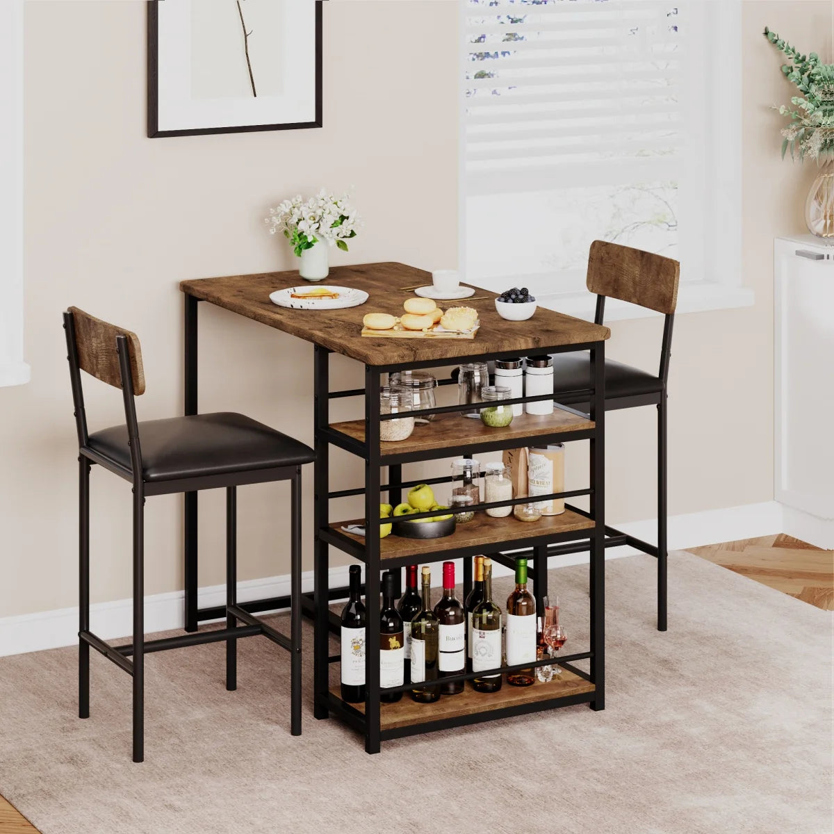 2-Person Dining Table Set, Bar Table with 2 Upholstered Chairs, & 3 Storage Shelves, Small Space Kitchen Table for Apartment.