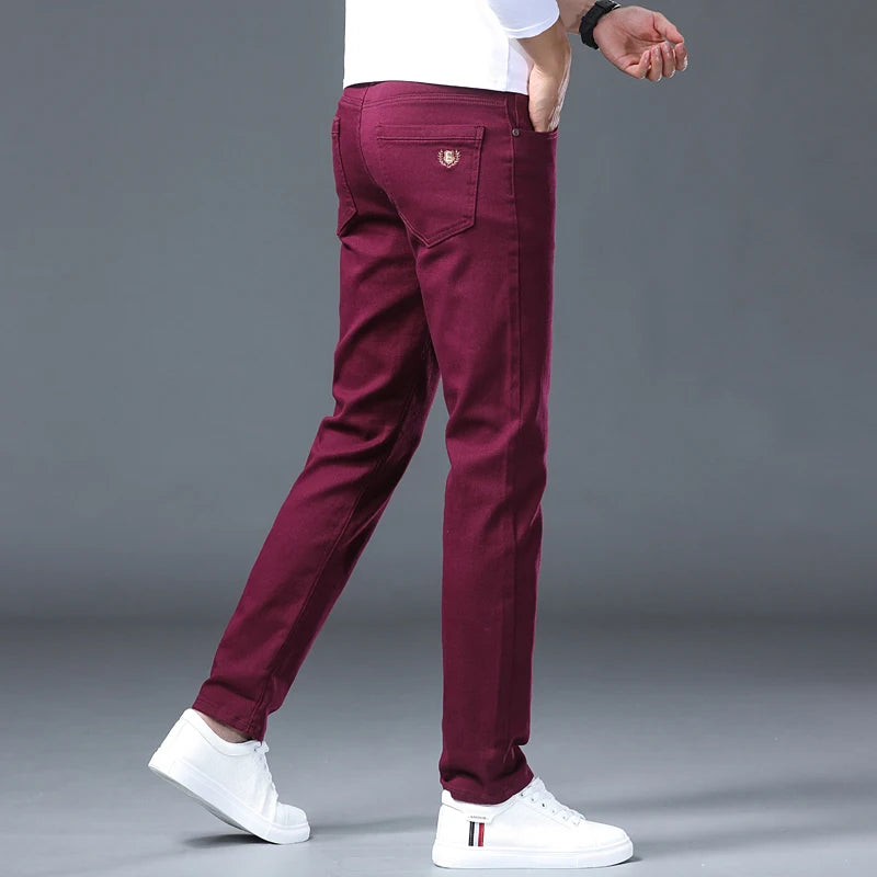 Men Fashion Classic Jeans Solid Color  Streetwear Trousers Stretch Slim-fit
