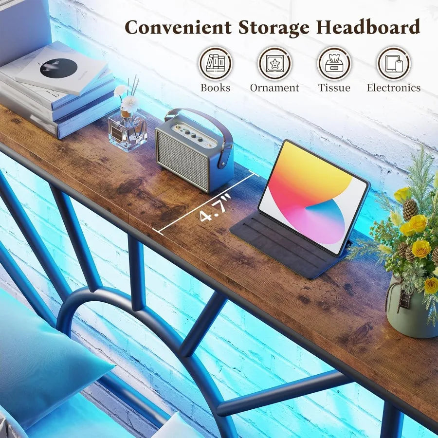 Metal King Bed Frame and Headboard Footboard ,with LED Light Mattress Foundation, with Under Bed Storage.