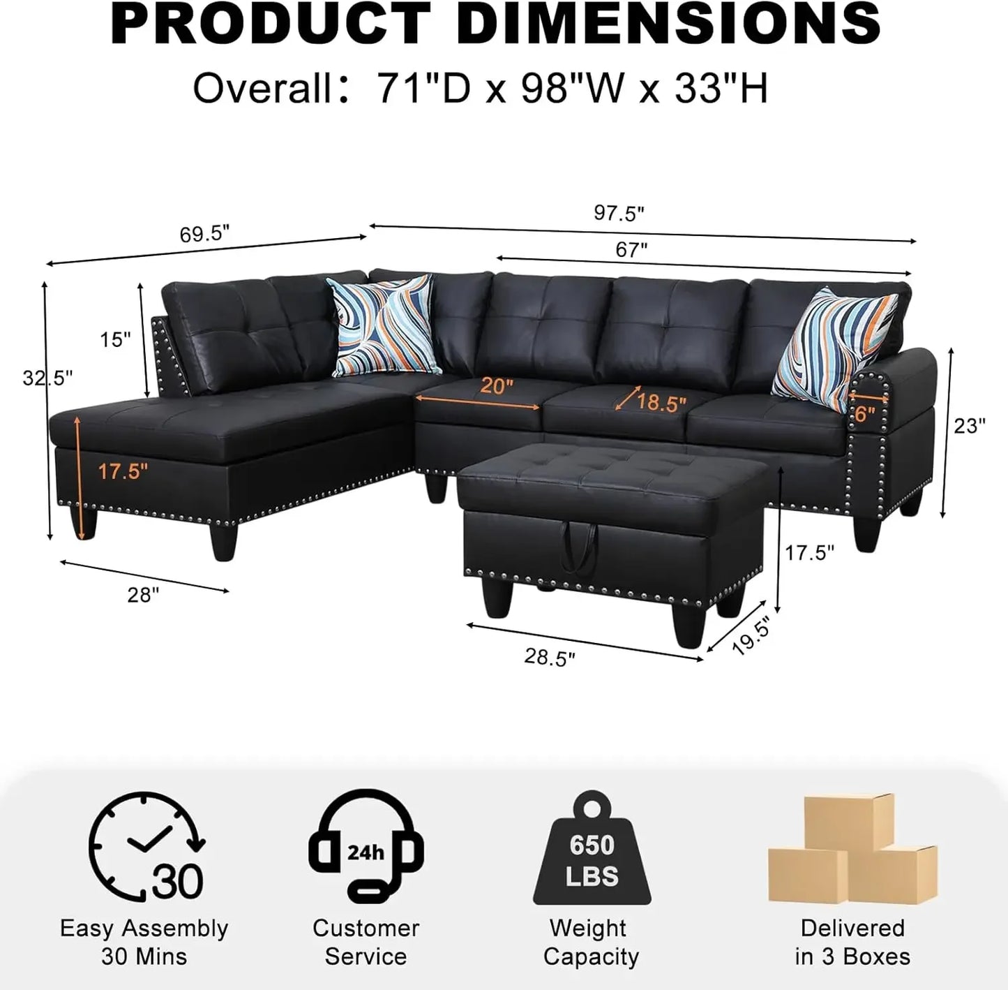 Sectional Sofa Couch, Modern 4-Seaters Living Room Furniture Sets, with Chaise Lounge, Ottoman & 2 Pillows | L Shape Couch.