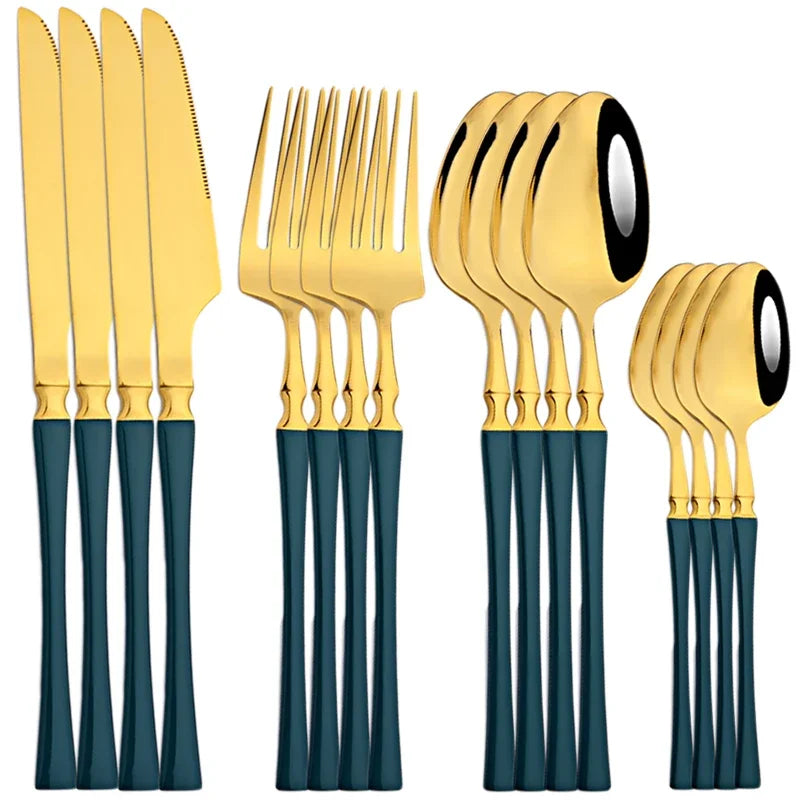 16Pcs Dinnerware Set, Stainless Steel, Western Black, Set  Spoon ,Fork, Knife Tableware.