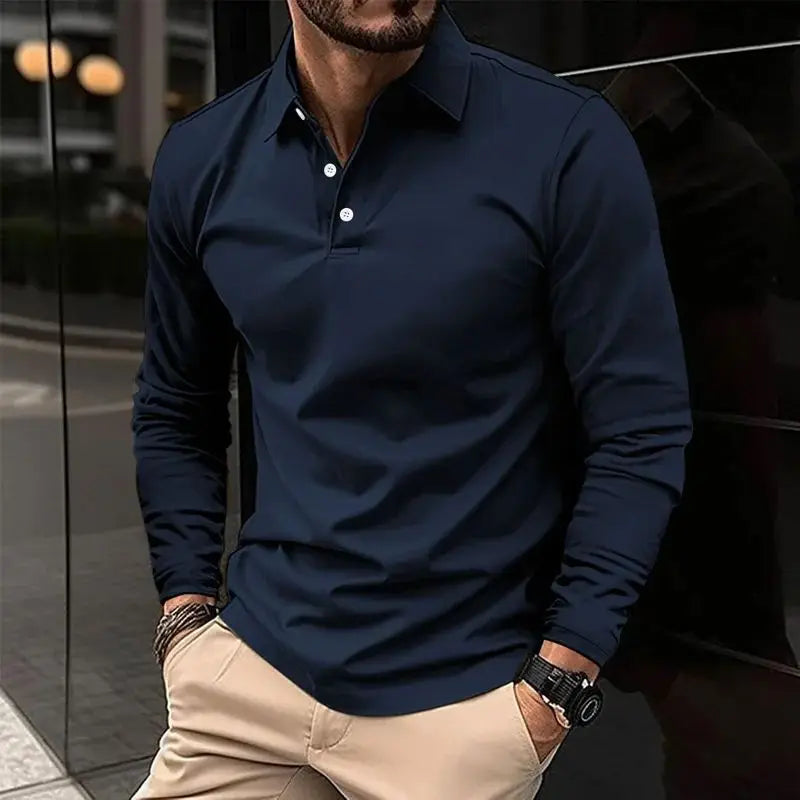 Men Solid Color Long Sleeved Polo Shirt, Spring and Autumn New Product Simple Exquisite Loose and Casual Men Tops.