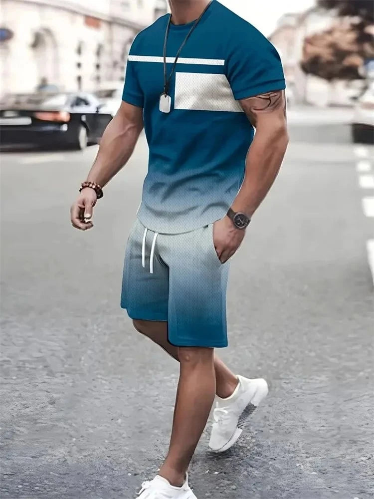 Men short sleeved shirt outdoor breathable, quick drying street fashion casual round neck T-shirt shorts set.