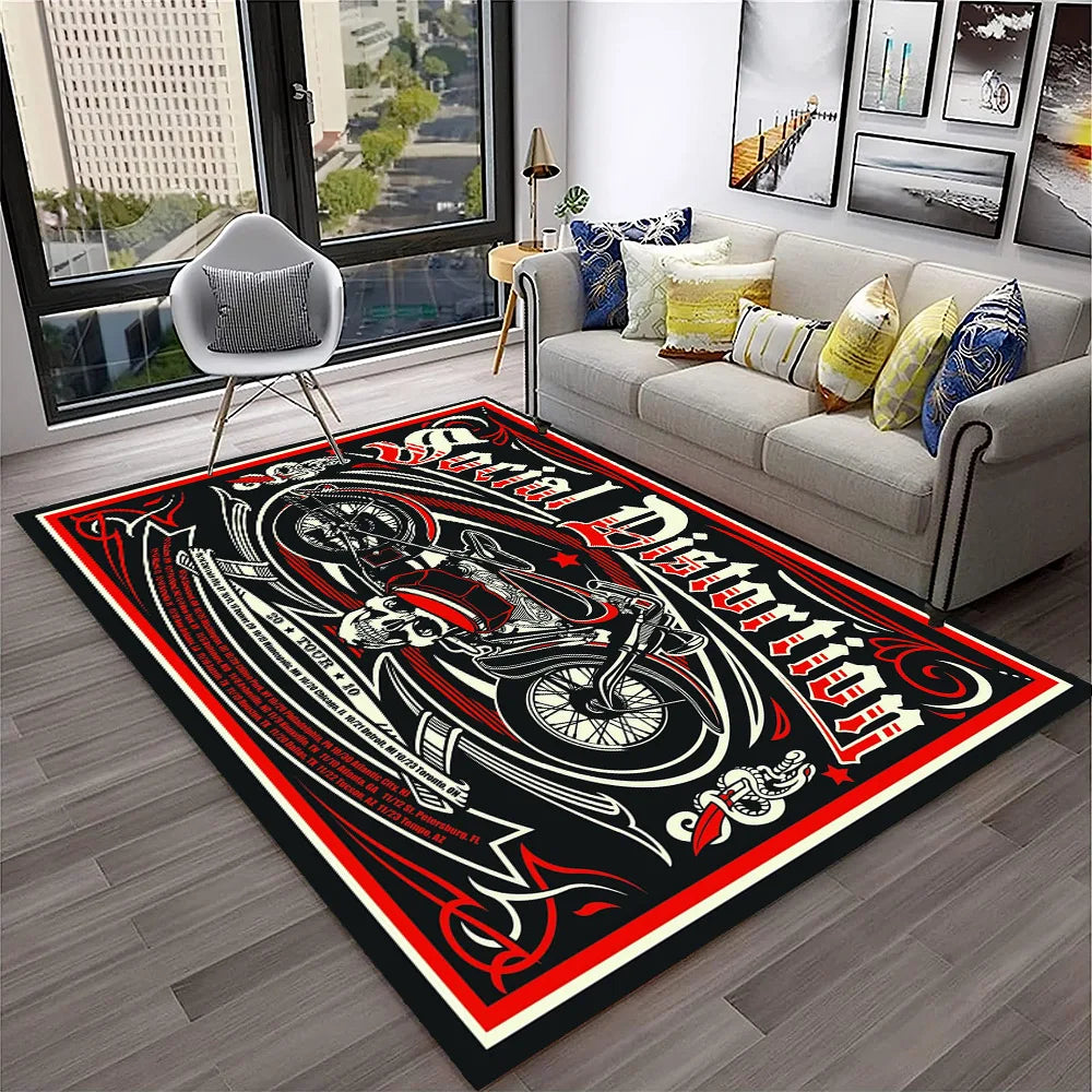 3D Retro Motorcycle Vintage  Rug for Living Room, Bedroom, Playroom Kid Area Rug Non-slip