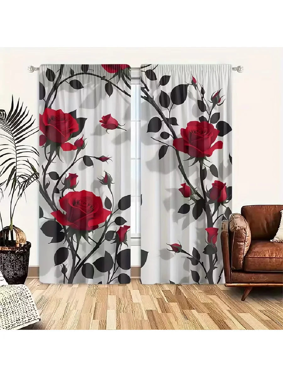 2pcs Elegant Red Rose & Black Leaf Pattern Curtains, Designed for Light Blocking.