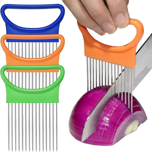 1/2/3/4pcs Effortlessly, Slice Onions with this 1pc Colorful Onion Slicer stainless steel potato chip onion holder.