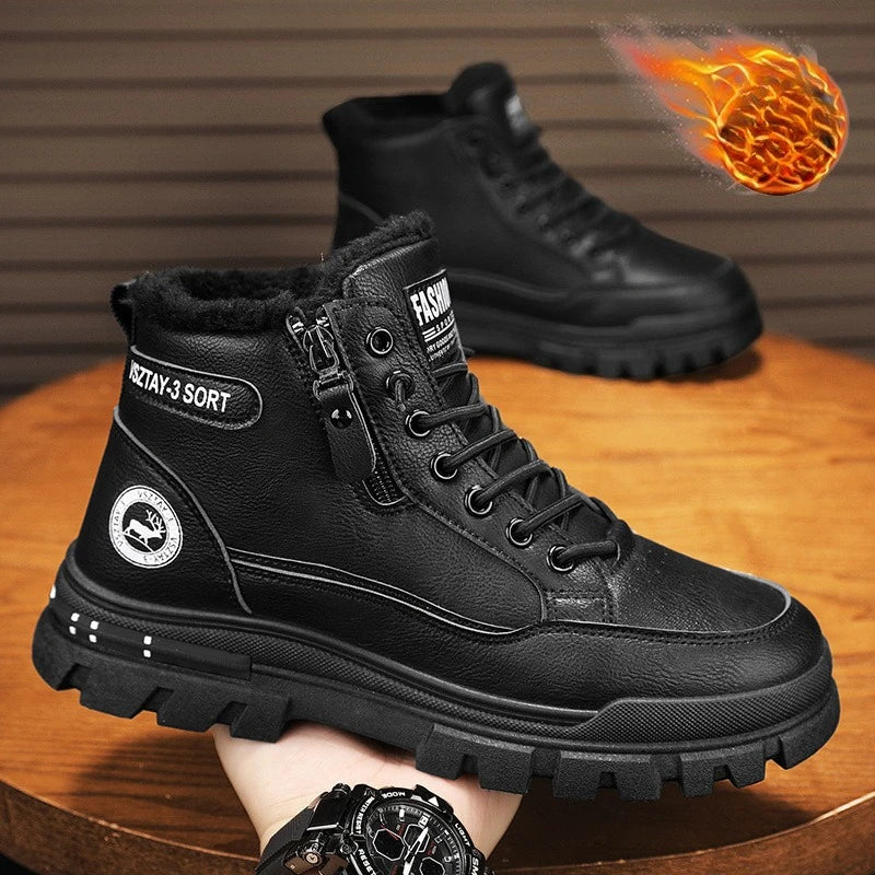 New winter plush thick warm men cotton shoes, trendy outdoor high top male boots.