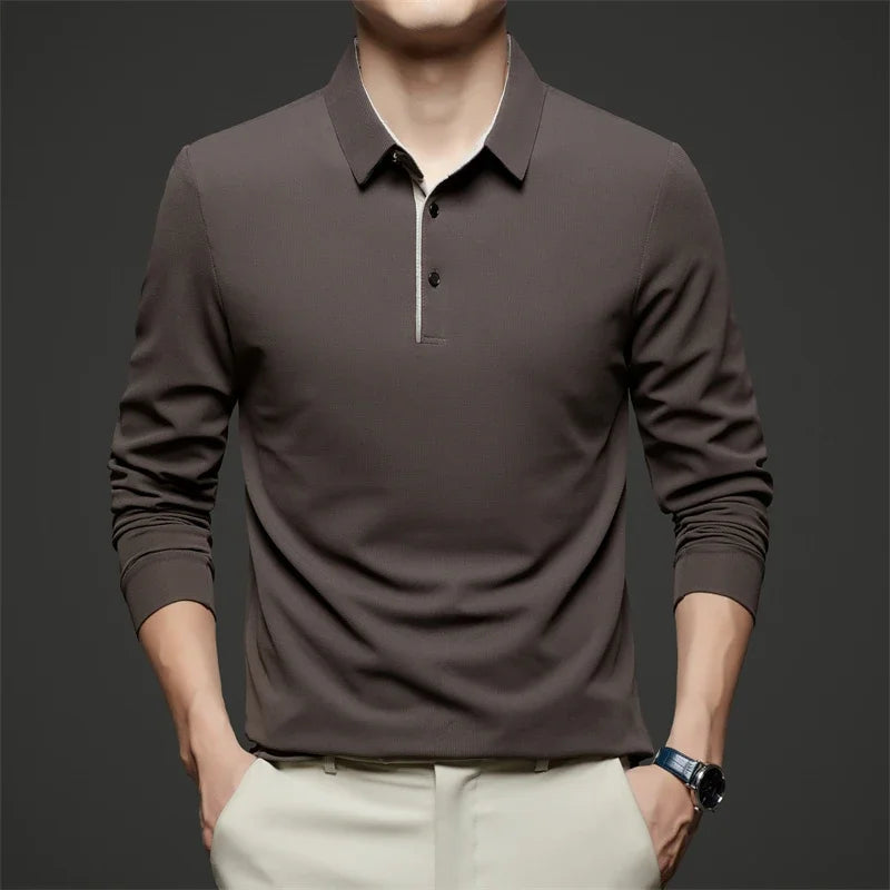 New Men Business Casual Long Sleeve Solid Color Polo Shirt, Fashionable Warm Comfortable Four Seasons.