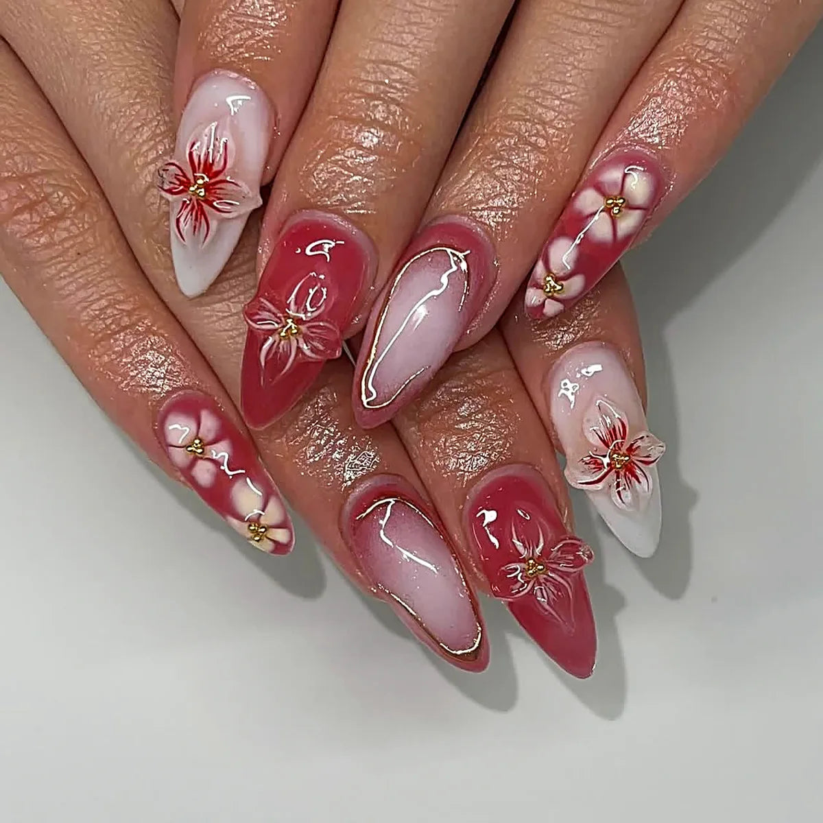 24Pcs Mid-length Almond Press on Fake Nails,3D Ripple Heart ,Pearl Star, Blue Smudge Detachable Full Cover Nails Tips.