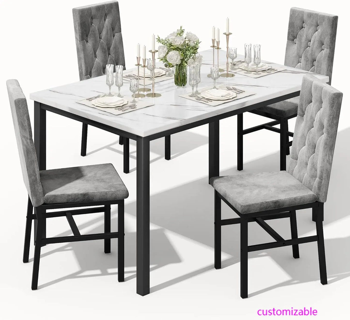 Dining Table Set for 4, Faux Marble Small Kitchen Table, Chairs Set of 4 with Luxurious Button Tufted Chairs.