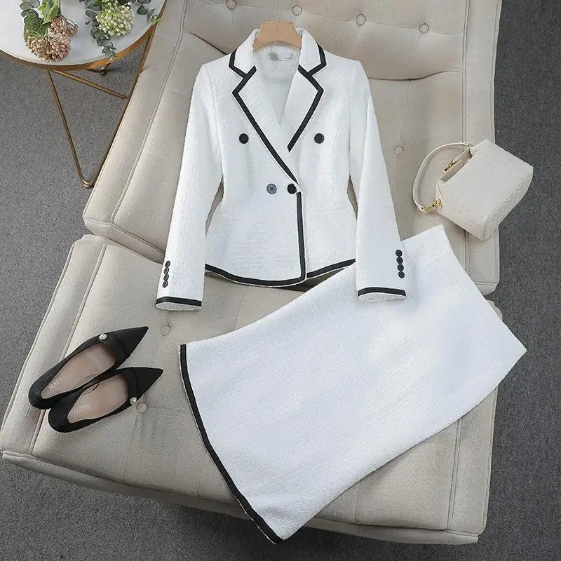 Black White Office Lady French Two Piece Suit ,Women, High Waist Midi Skirts, short blazer.