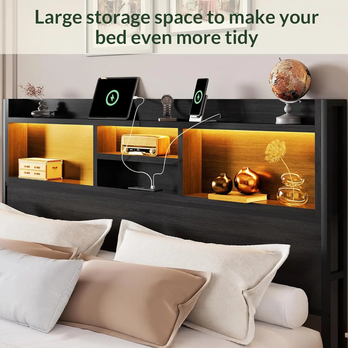 Queen Size Wooden Bed Frame with 6 Drawers, Headboard, LED Lights & Charging Station, No Box Spring Needed, Black.