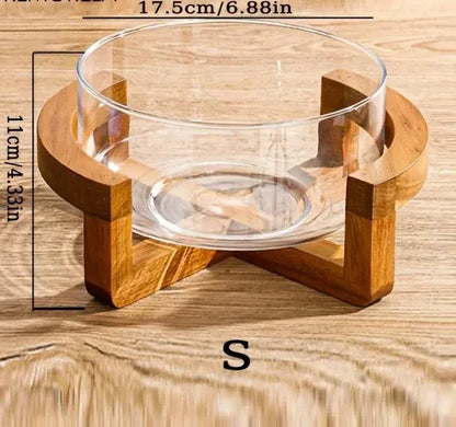 Elegant Glass Salad Bowl Set with Wooden Base.