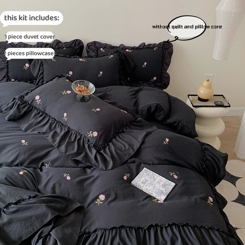 3pcs Rose Embroidered Duvet Cover Set ,(1*Duvet Cover + 2*Pillowcase, Without Core), Princess Style Lace Bedding Set.