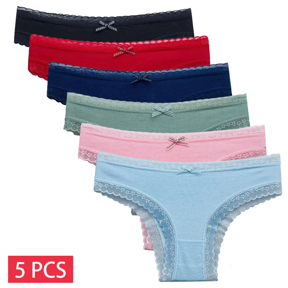 5 Pcs/Set Women Cotton Panties Sexy Lace Low Waist Underwear Girls Briefs M-XL.