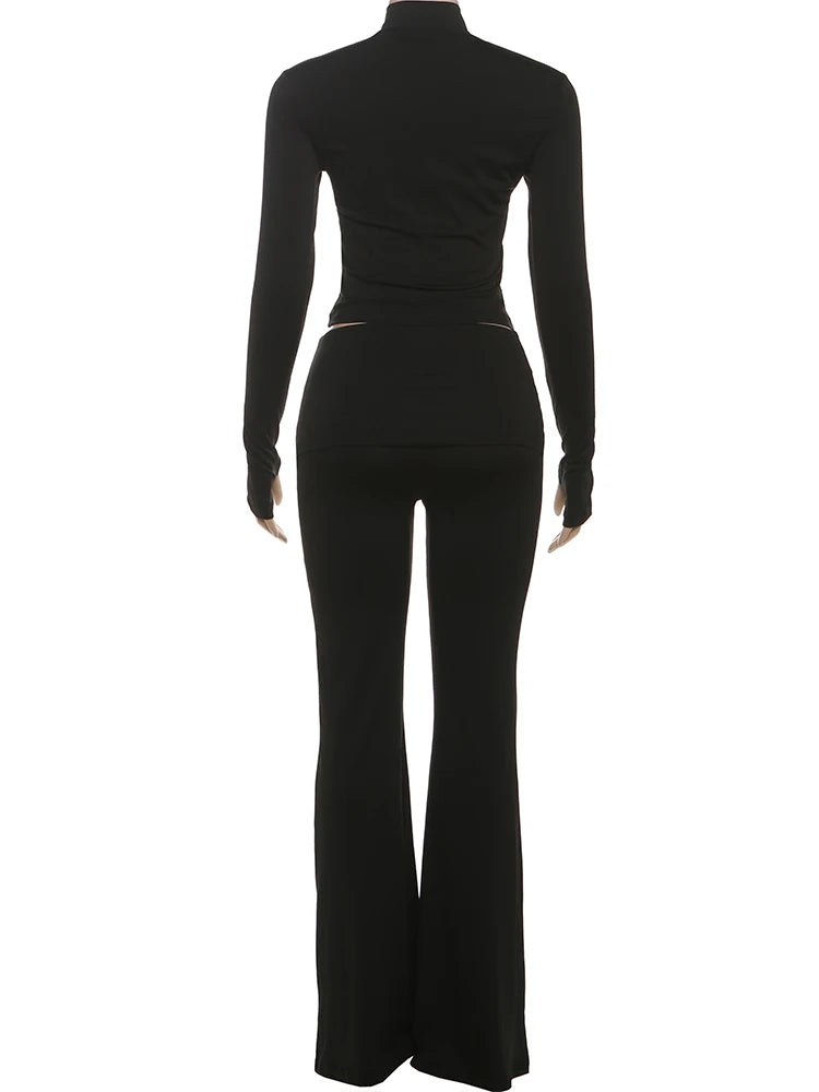 Sisterlinda Sporty Turtleneck, 2-Piece Set Women Casual Single-breasted crop tops+Elastic waist Flared pants suits.