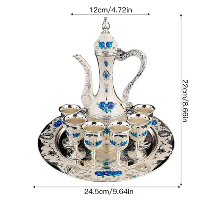 1 metal wine set, 1 tray and 6 shot glasses and 1 wine pot combination.