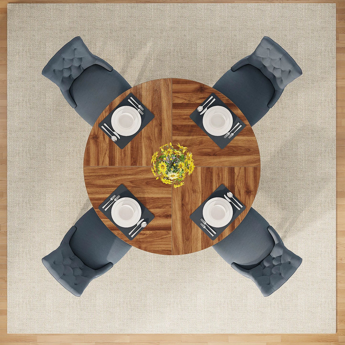 Round Dining Table for 4, 47 Inch Farmhouse Kitchen Table, for Dining Room.