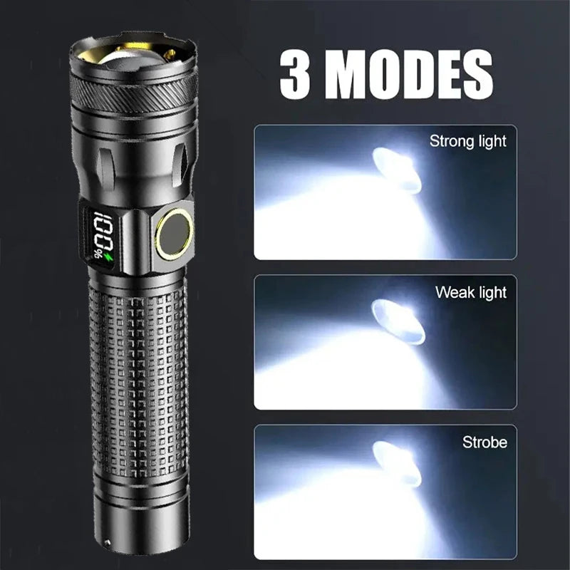 Aluminum Alloy Rechargeable LED Flashlight, Power Display, High Power Torch Light Waterproof.