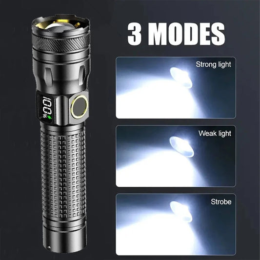 Aluminum Alloy Rechargeable LED Flashlight, Power Display, High Power Torch Light Waterproof.