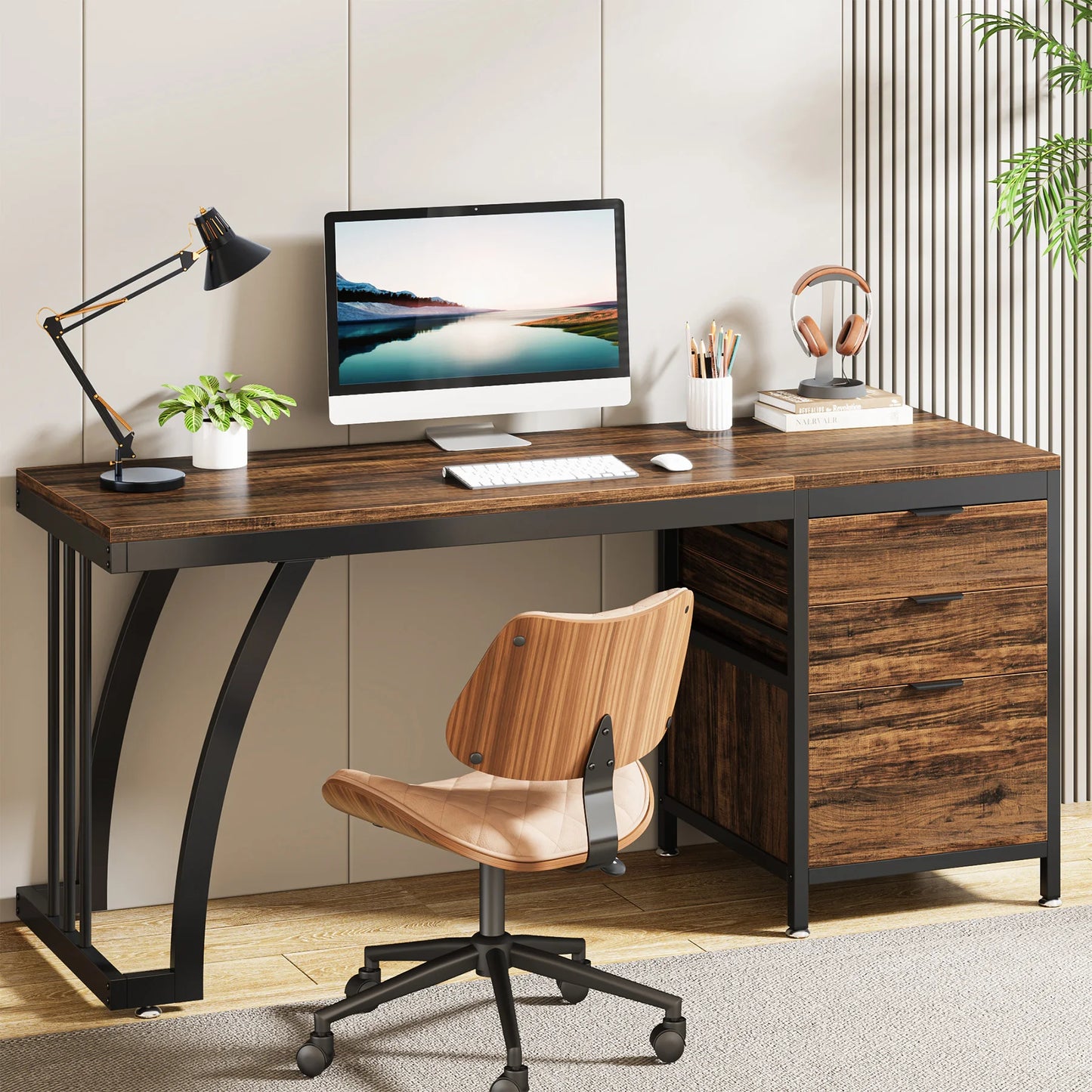Computer Desk with 3 Drawers, 59-Inch PC Desk with Reversible Drawers, Industrial Study Table Workstation.