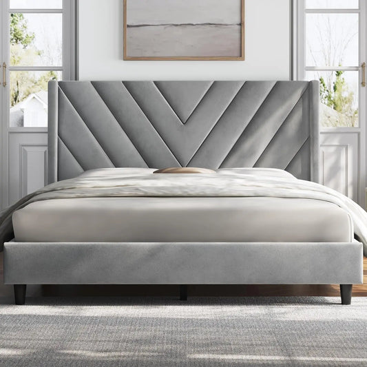 Queen Bed Frame Upholstered Platform Wooden Slat Support with Wing Side
