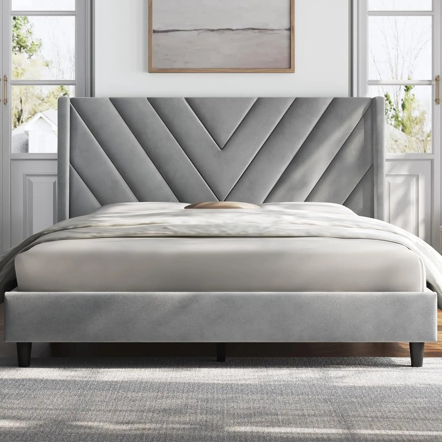 Queen Bed Frame Upholstered Platform Wooden Slat Support with Wing Side