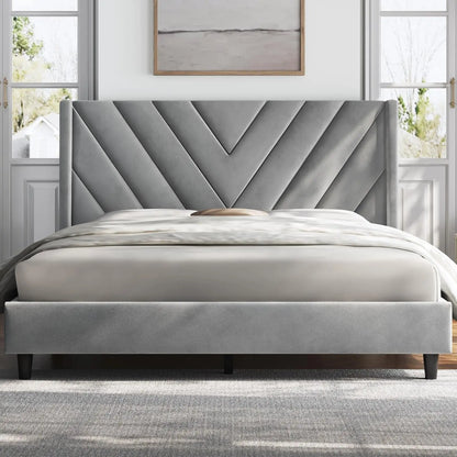 Queen Bed Frame Upholstered Platform Wooden Slat Support with Wing Side